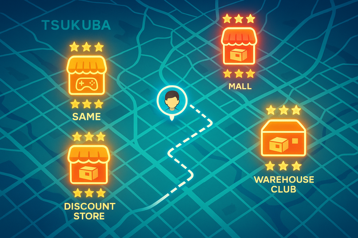 Stylized Tsukuba city map with a player icon and glowing routes to four different store types—game shop, mall, discount store, warehouse club—each marked with bright star ratings, playful RPG-like planning energy