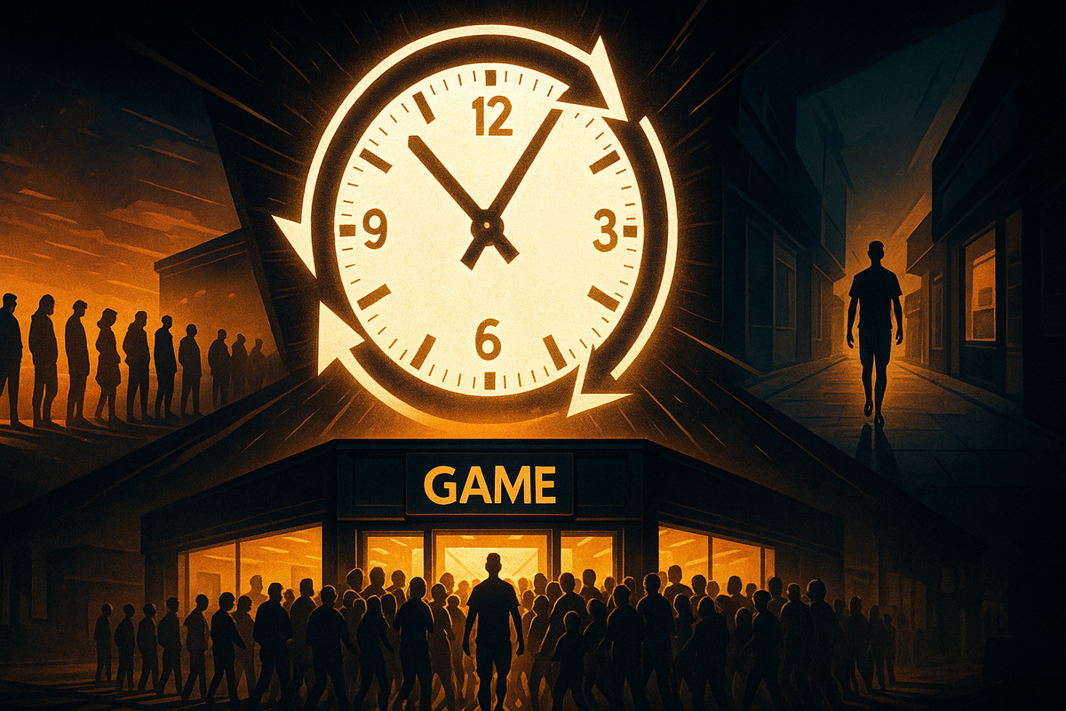 Huge glowing clock floating above a crowded GAME storefront with long queues at dawn and a lone figure walking a quiet street—dramatic time-strategy concept showing the stress and thrill of choosing the right hour to buy
