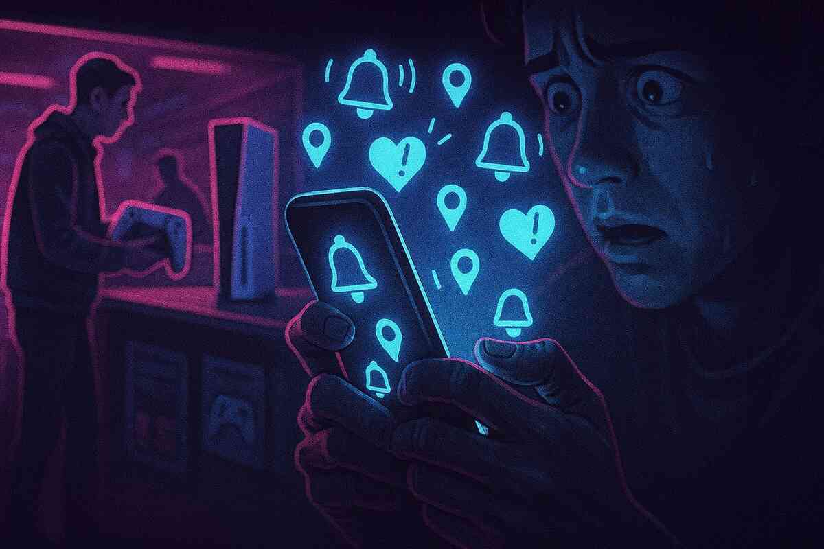 Panicked shopper gripping a smartphone exploding with neon notification bells, heart icons, and location pins while another person calmly grabs a console in the background—intense FOMO, real-time SNS alerts deciding who wins the last unit