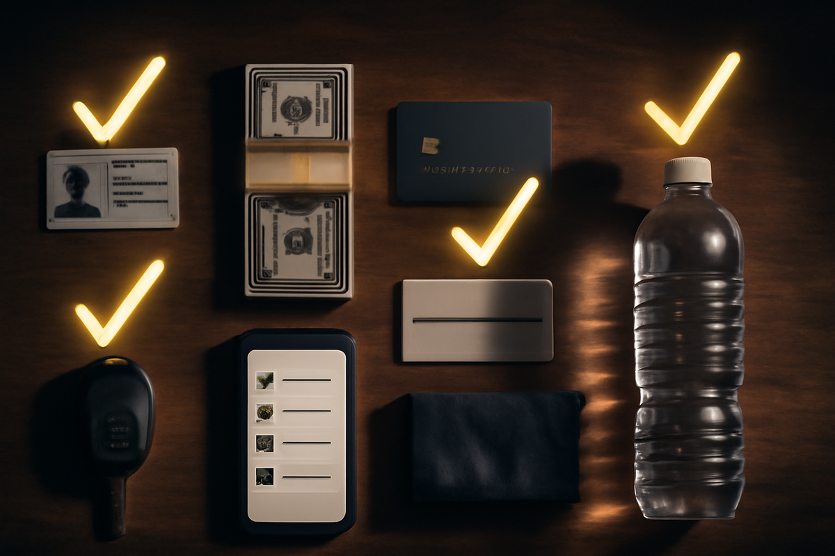 High-energy flat-lay on a wooden desk—ID card, stacks of cash, cards, car key, smartphone checklist, folded cloth, and water bottle—all marked with glowing checkmarks, calm but excited feeling of being perfectly prepared for a big purchase mission