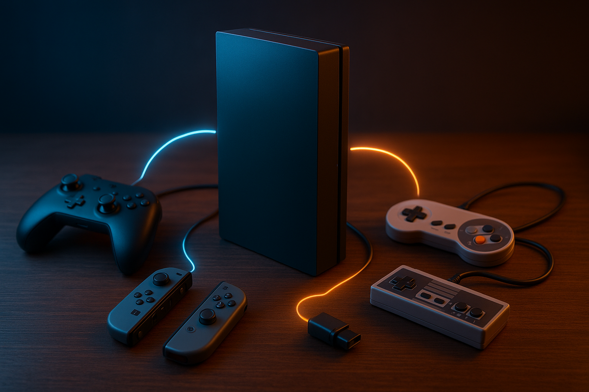 Close-up gamer hands gripping a black controller in front of a holographic performance dashboard on a TV—input lag and precision test, data-driven comfort, proving an old pad still feels perfectly responsive