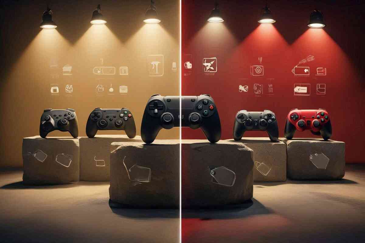 Row of game controllers on stone pedestals under split warm and red spotlights—licensed vs risky third-party pads, floating feature icons, dramatic comparison scene for choosing the safest and smartest controller