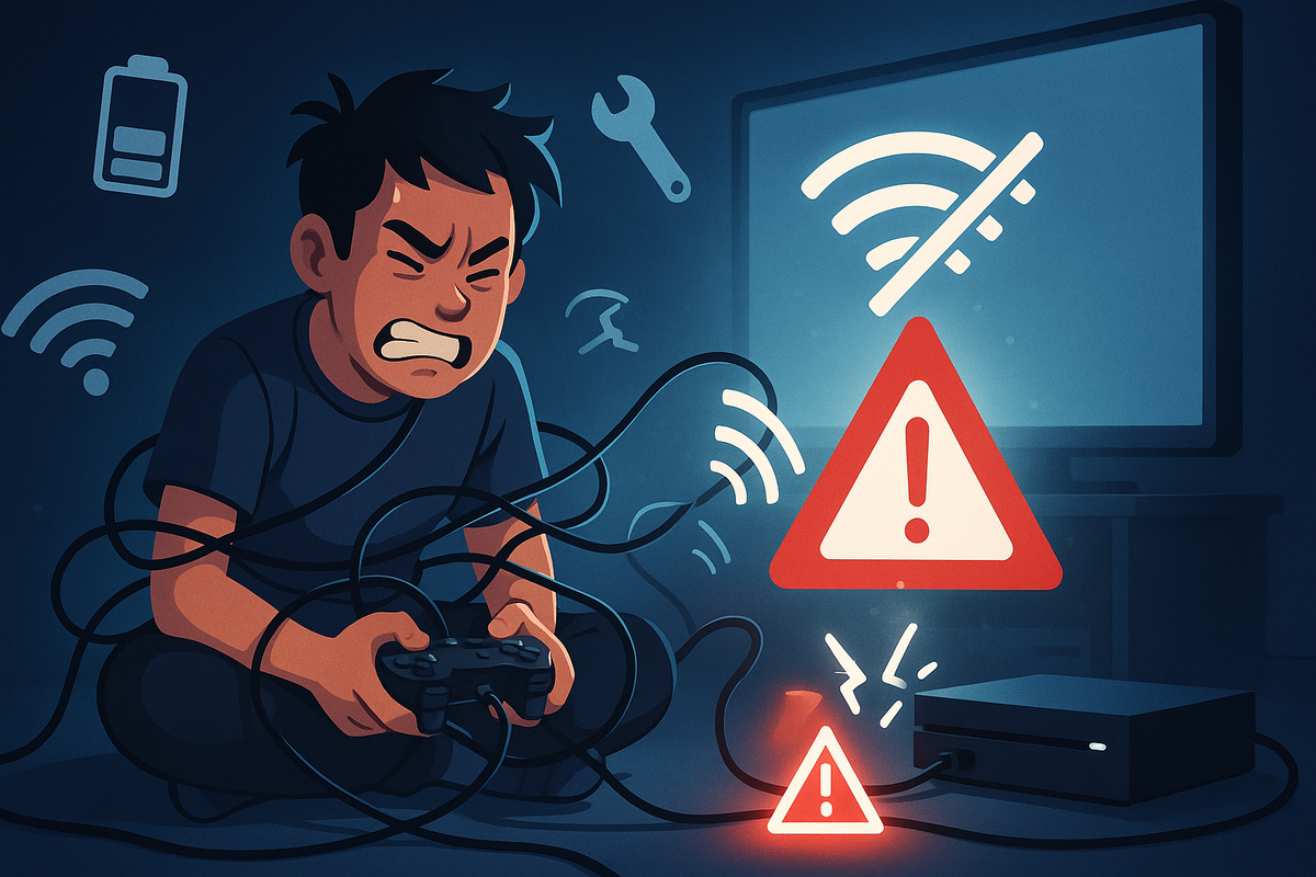 Cartoon gamer tangled in cables, screaming at a silent console and TV while red warning triangles, weak Wi-Fi icons, and battery symbols flash—painful connection error chaos, relatable frustration before a lifesaving fix