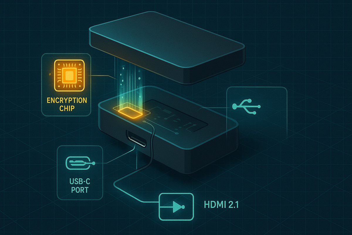Exploded-view next-gen game dock on a blueprint grid—encryption chip lighting up, USB-C port, HDMI 2.1 path and hidden circuitry revealed, deep dive into Switch2 dock security and high-end video specs