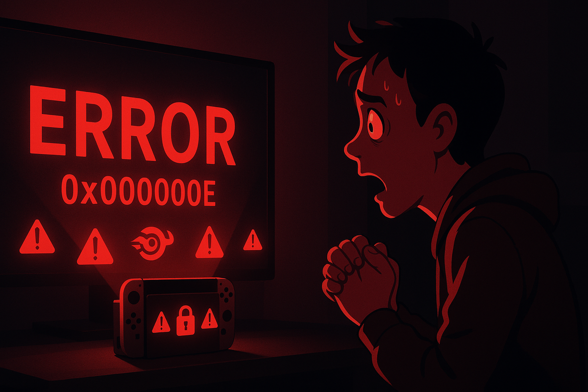 Terrified gamer bathed in red light staring at a huge ERROR code on TV while their handheld console shows lock icons—nightmare vision of Switch2 console ban, fatal dock mistake, heart-pounding panic