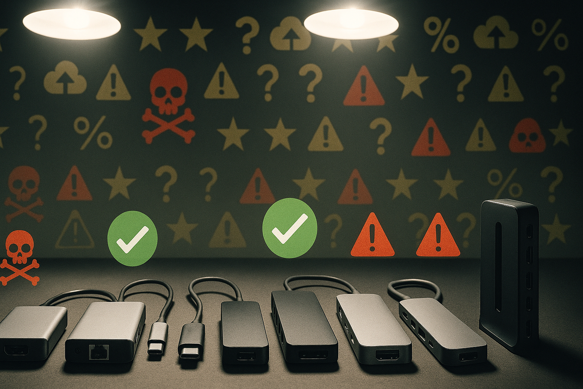 Lineup of anonymous USB-C hubs and mini docks under interrogation lamps—some marked with calming green check icons, others with red skulls and warning triangles—real-world investigation of safe vs dangerous Switch2 third-party docks