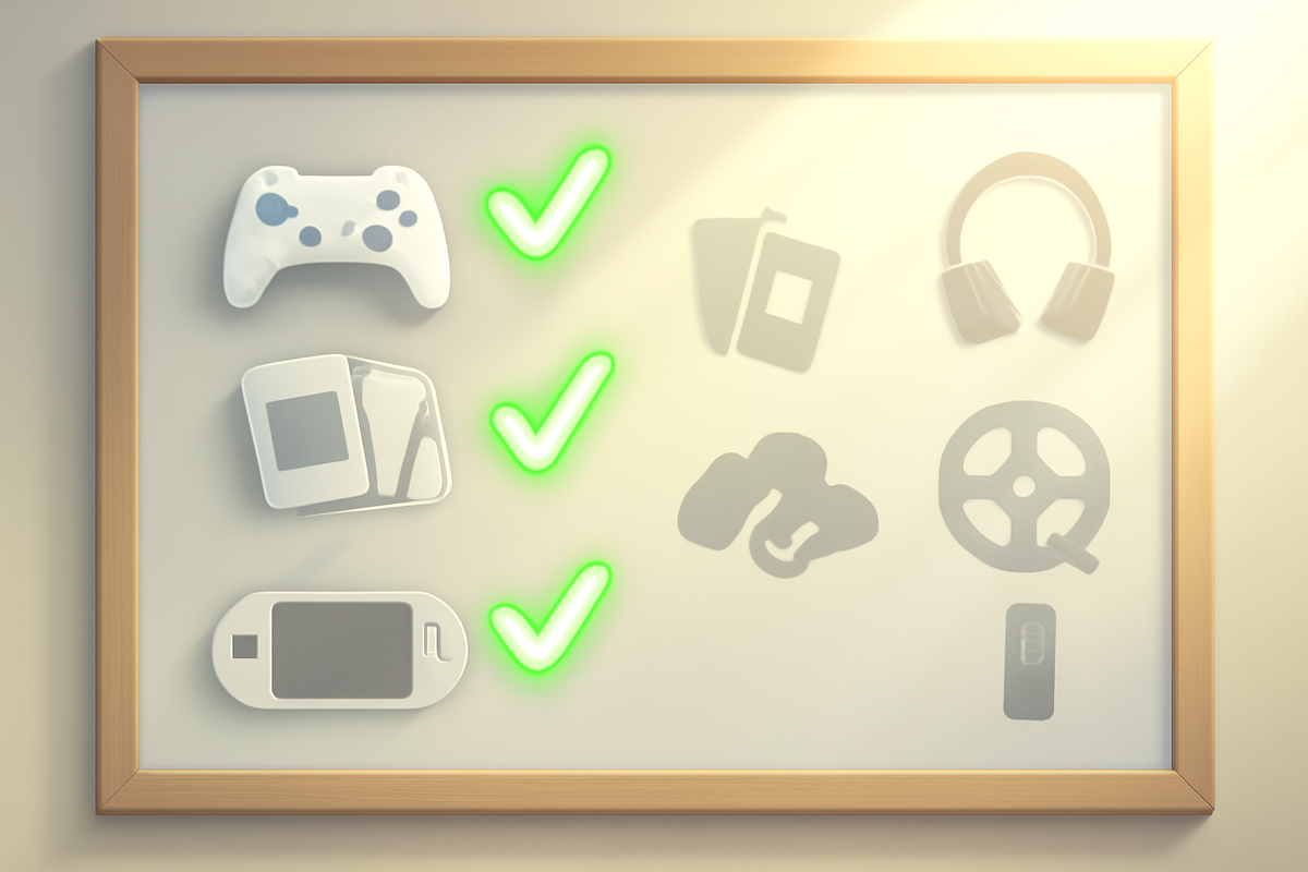 Bright whiteboard with simple icons for controller, game cards and handheld unit highlighted by glowing green checkmarks while other accessories fade into grey—clear list of Switch2-safe peripherals,安心感と整理された互換ガイド