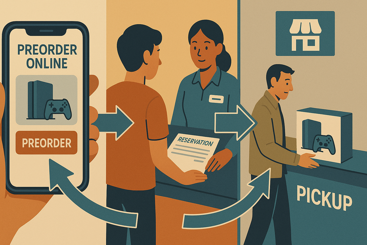 Smartphone showing “PREORDER ONLINE,” shopper handing a reservation form to a clerk, and another customer happily picking up a console box at the store—three clear ways to reserve PS5 Digital Edition at a Japanese electronics chain, smooth step-by-step journey from tap to pickup