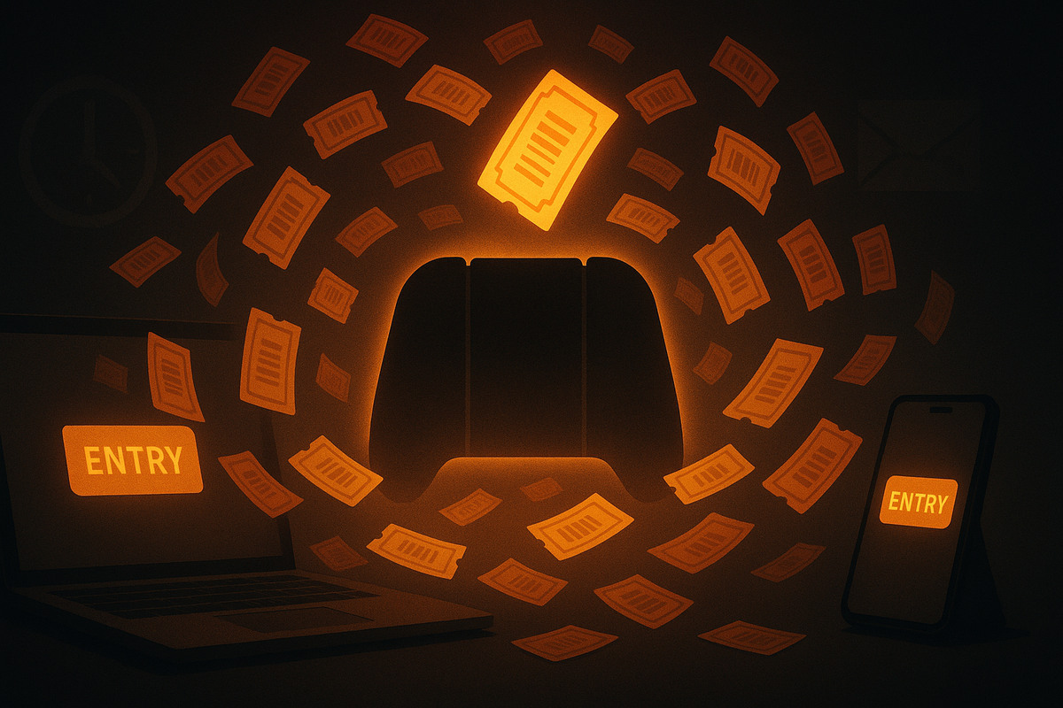 Dark room lit by a halo of glowing lottery tickets swirling around a console silhouette, laptop and phone both flashing ENTRY buttons—PS5 Digital Edition抽選販売, double chance to win, tense but hopeful “please let my ticket be the one” energy