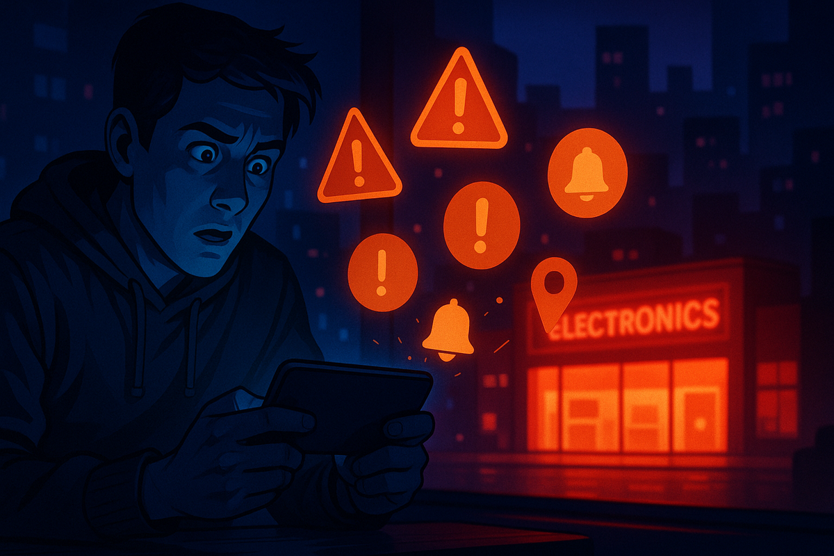 Worried gamer in a hoodie staring at their phone at night while red alert, bell, and map-pin icons hover in the air, electronics store glowing in the background—real-time stock notifications for guerrilla PS5 drops, urgent FOMO vibe that you can’t ignore