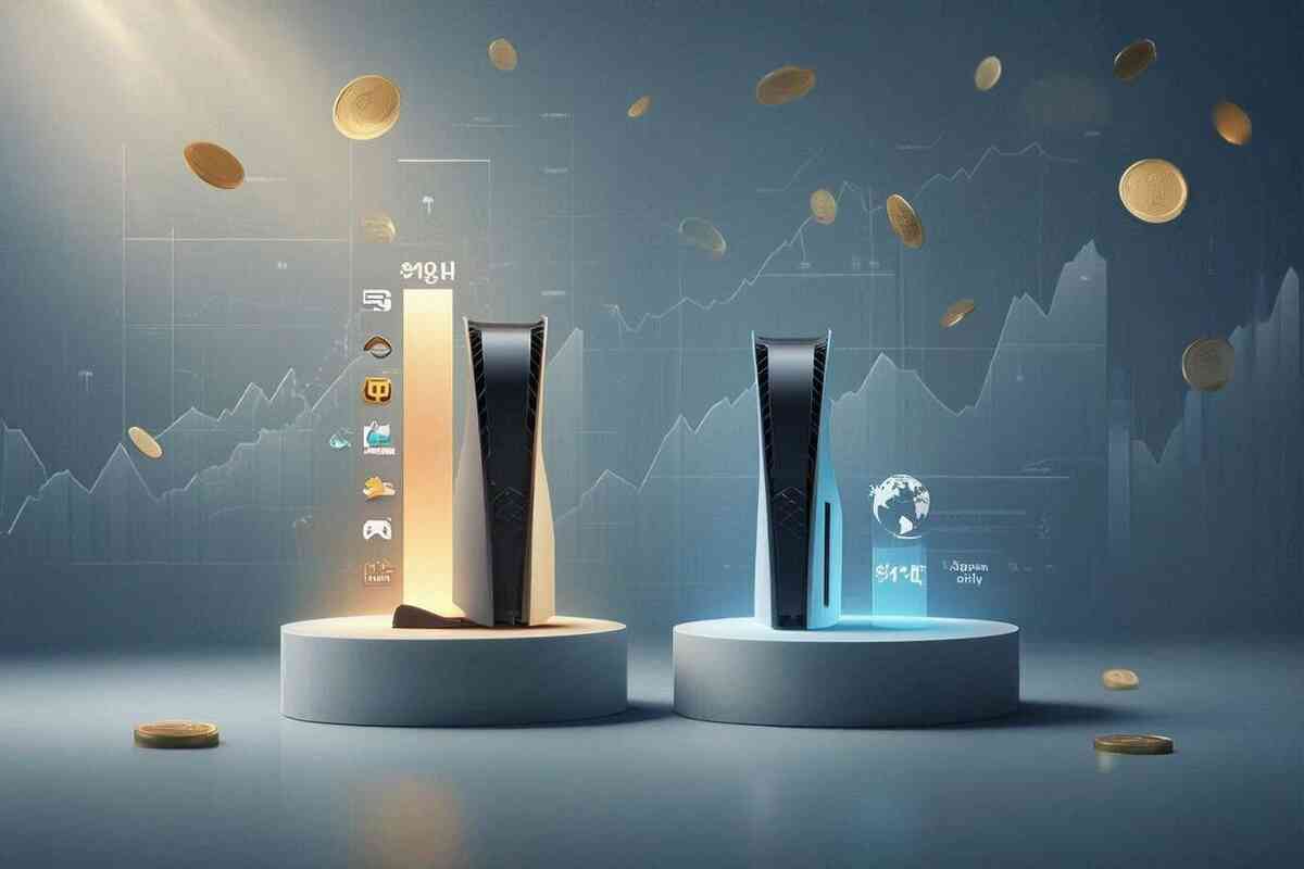 Two next-gen consoles standing on pedestals under falling coins and financial graphs—standard PS5 vs cheaper Japan-only digital edition, glowing value bars, visual price-performance comparison that screams “which one is truly worth your yen?”