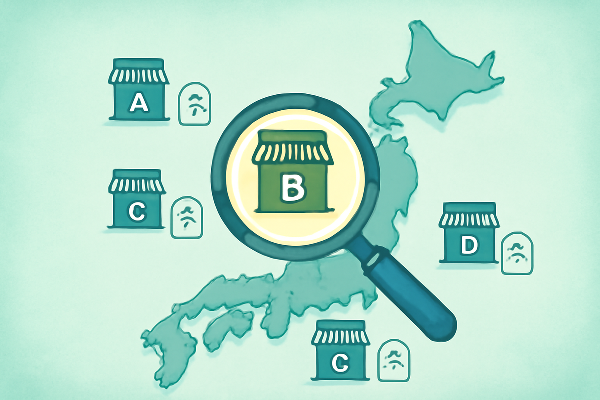 Stylized map of Japan with multiple store icons labeled A/B/C/D and a magnifying glass spotlighting store B—nationwide retailer comparison for PS5 Digital Edition, hunting the smartest place to buy with the best stock and points, calm but strategic shopping mood