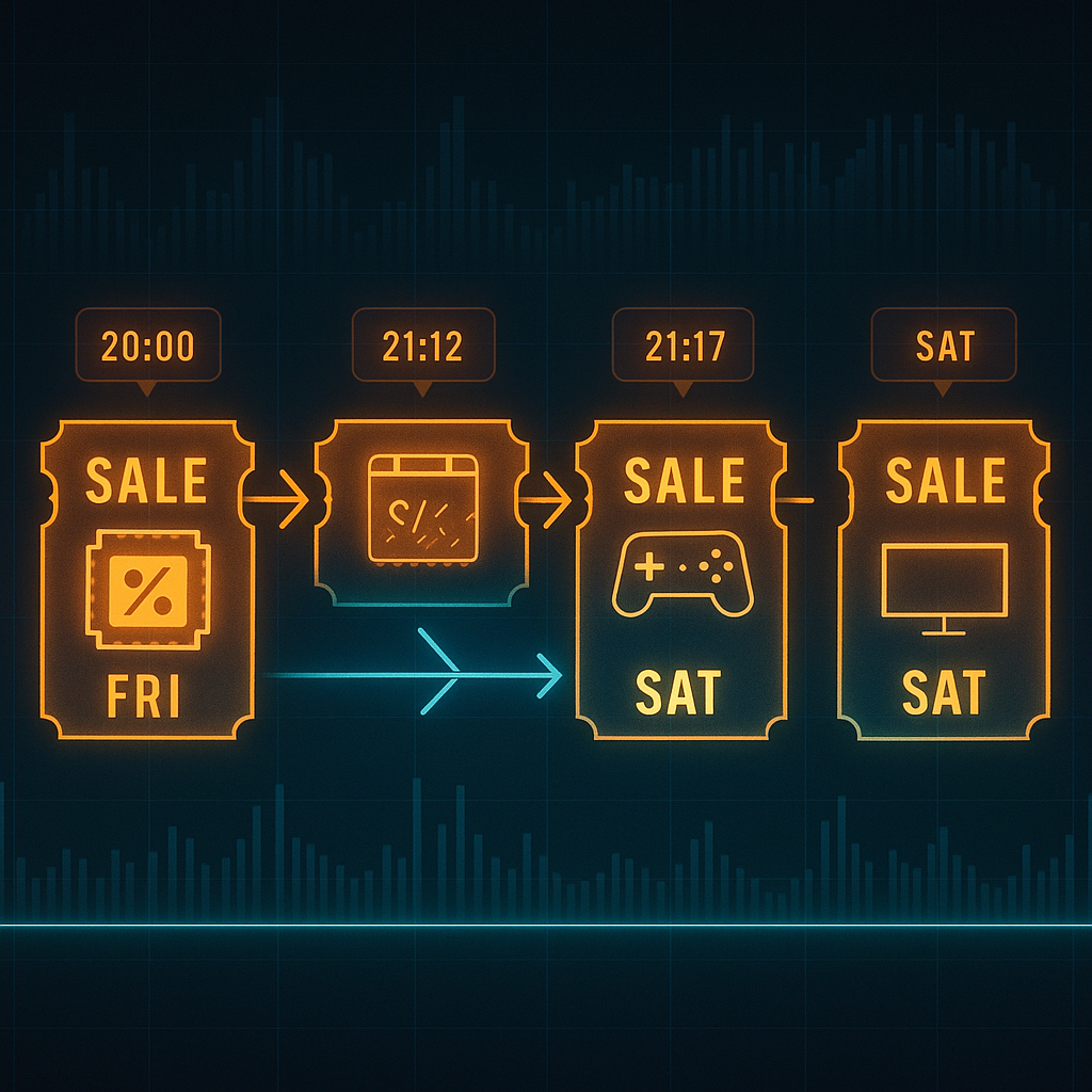 Neon analytics board of ticket-shaped icons showing 20:00→21:12→21:17 Friday–Saturday sales, gamepad and monitor symbols over waveform charts—data-driven “Friday 9 p.m. rule” for Rakuten Books Switch2 flash sales, precise timing pattern visual