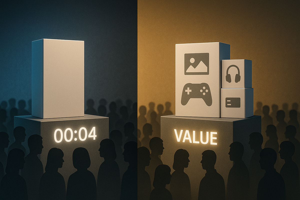 Split-screen crowd scene: left a plain single console box on a pedestal with “00:04” timer, right stacked bundle boxes labeled with game, headset, and card icons on a “VALUE” pedestal—heartbreaking sell-out speed vs smart set-choice strategy for winning Rakuten Switch2 stock