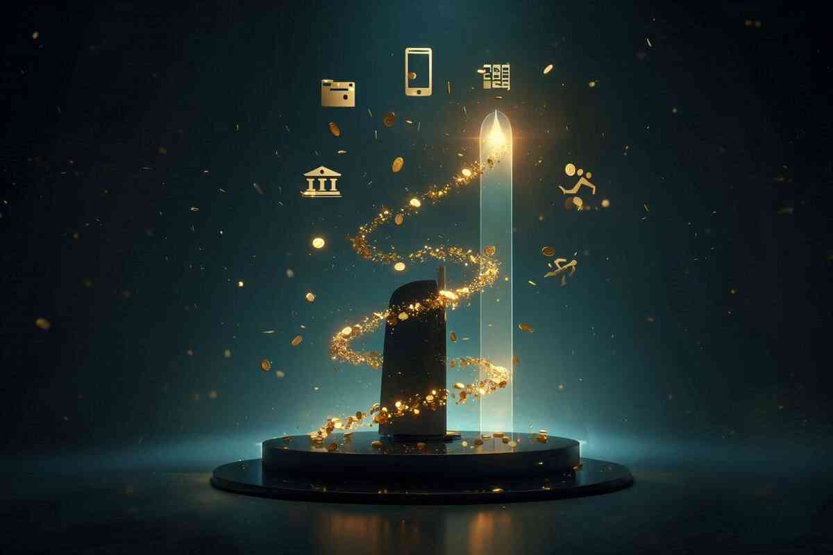 Next-gen console silhouette on a pedestal wrapped in a swirling golden trail of coins, surrounded by floating icons for credit card, smartphone, bank, and running figures—magical Rakuten points alchemy turning a Switch2 purchase into explosive 16x reward earnings