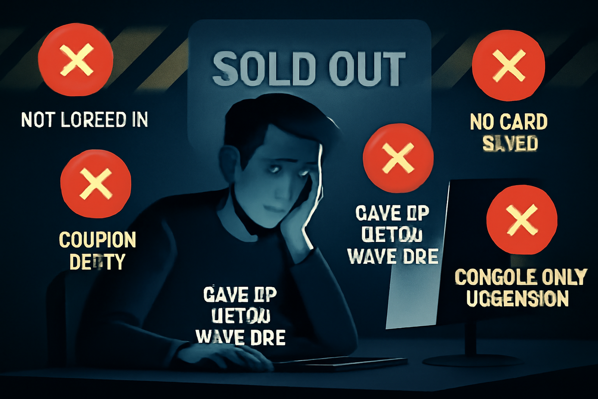 Frustrated shopper in blue light slumped at a desk under a huge “SOLD OUT” sign, ringed by angry red X symbols for login failure, missing card, wasted coupon and one-wave only mindset—emotional collage of fatal mistakes that kill your Rakuten Switch2 flash-sale chances