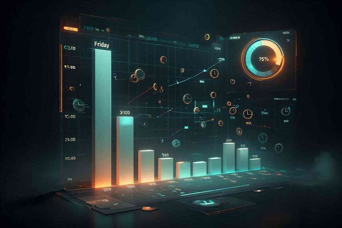 Futuristic teal-and-orange analytics dashboard in the dark—towering “Friday” bar chart, floating clocks, and a bold 75% gauge—visual proof that gold-rush Switch2 restocks concentrate on Friday nights, cold hard numbers meeting gamer excitement  