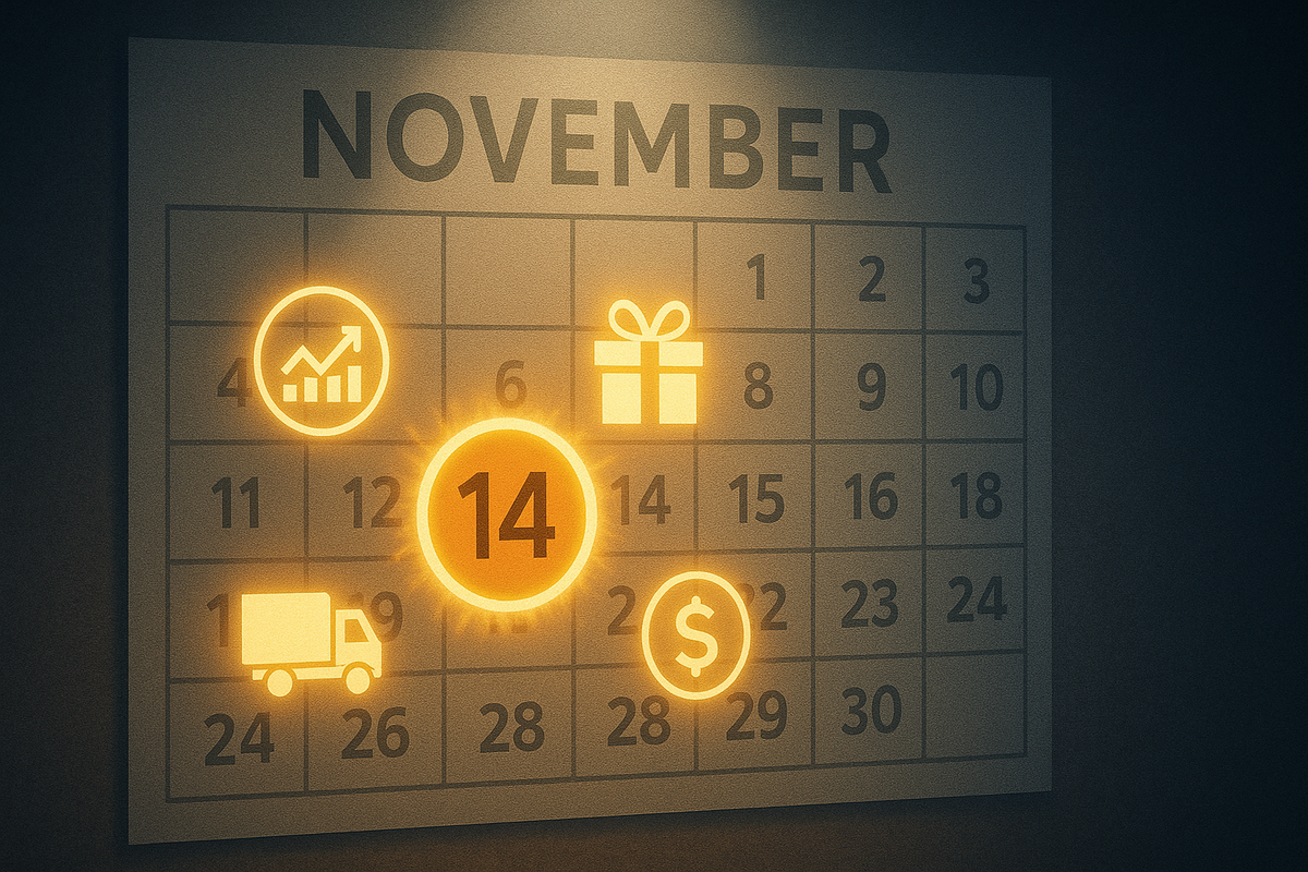 Close-up November wall calendar with the 14th circled in bright gold, glowing icons for growth, gifts, delivery truck, and money around it—single magic date shining with Switch2 win potential, Christmas anticipation, and jackpot cashback energy  