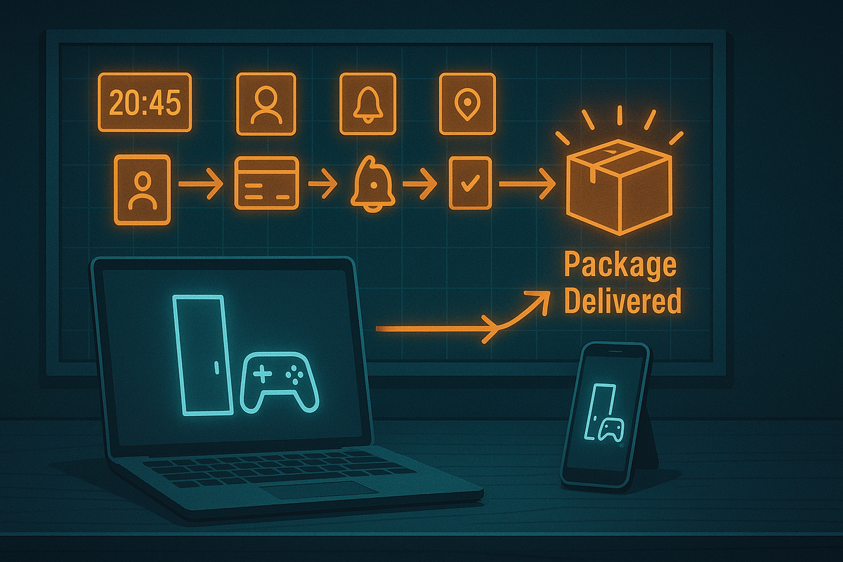 Strategy board-style flowchart from 20:45 prep icons to a glowing parcel labeled “Package Delivered,” laptop and smartphone below showing a generic console—step-by-step roadmap from login and alerts to victorious Rakuten Switch2 arrival at your doorstep  