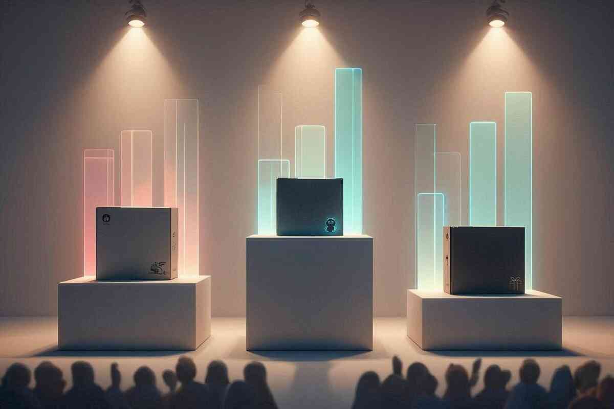 Three spotlighted product boxes on podiums in front of a crowd, pastel light bars rising behind each—dramatic ranking of Switch2 bundles by “easiest to buy,” calm single unit vs value-packed sets, audience tension and smart-choice satisfaction  