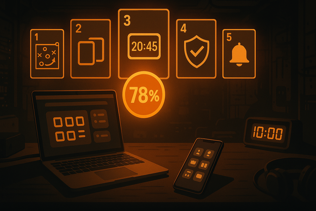 Strategy war room at night—laptop and smartphone on the desk while five neon cards hover above: tactics map, dual devices, 20:45 standby, security shield, alert bell, and a bold 78% circle—proven hidden tricks to boost Switch2 purchase success