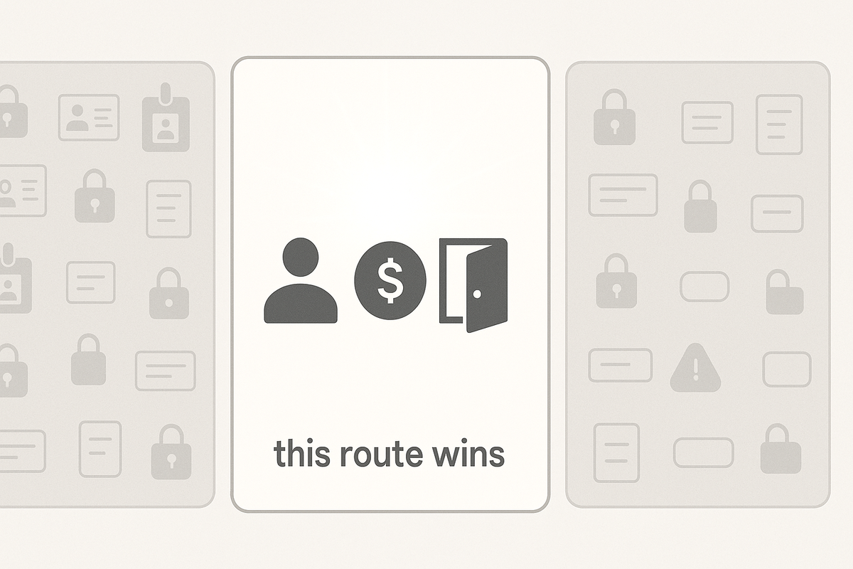 Minimalist comparison card reading “this route wins,” with simple icons of a person, coin, and open door glowing in the center while other routes fade into padlocks and warning signs—Rakuten Books path standing out as the easiest way to secure Switch2