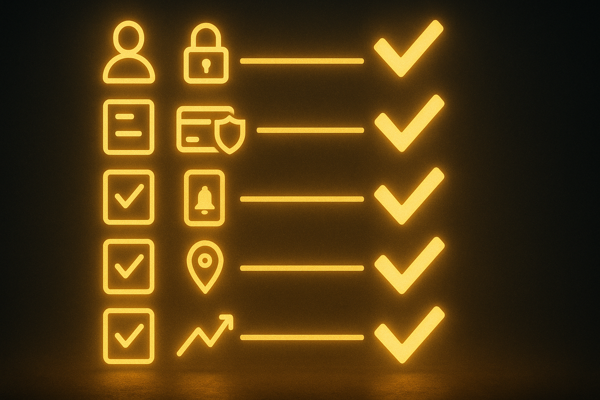 Glowing golden checklist on a dark background—user icon, lock, credit card with shield, notification bell, location pin, and rising graph all aligned with big check marks—complete Switch2 flash-sale preparation list, everything ready for victory