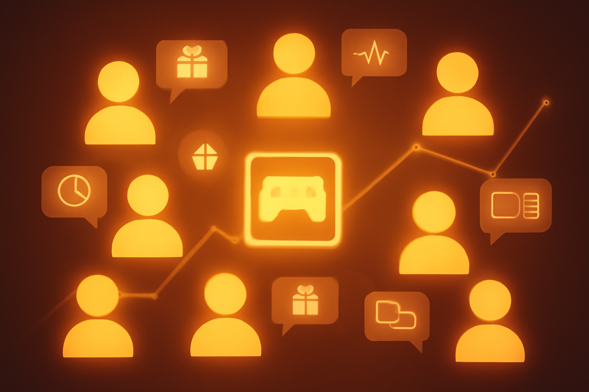 Warm neon network of anonymous avatars linked by a rising trend line—chat bubbles showing gifts, clocks, heartbeat and multi-device icons around a central gamepad symbol—collective wisdom and real player voices revealing winning Switch2 tactics