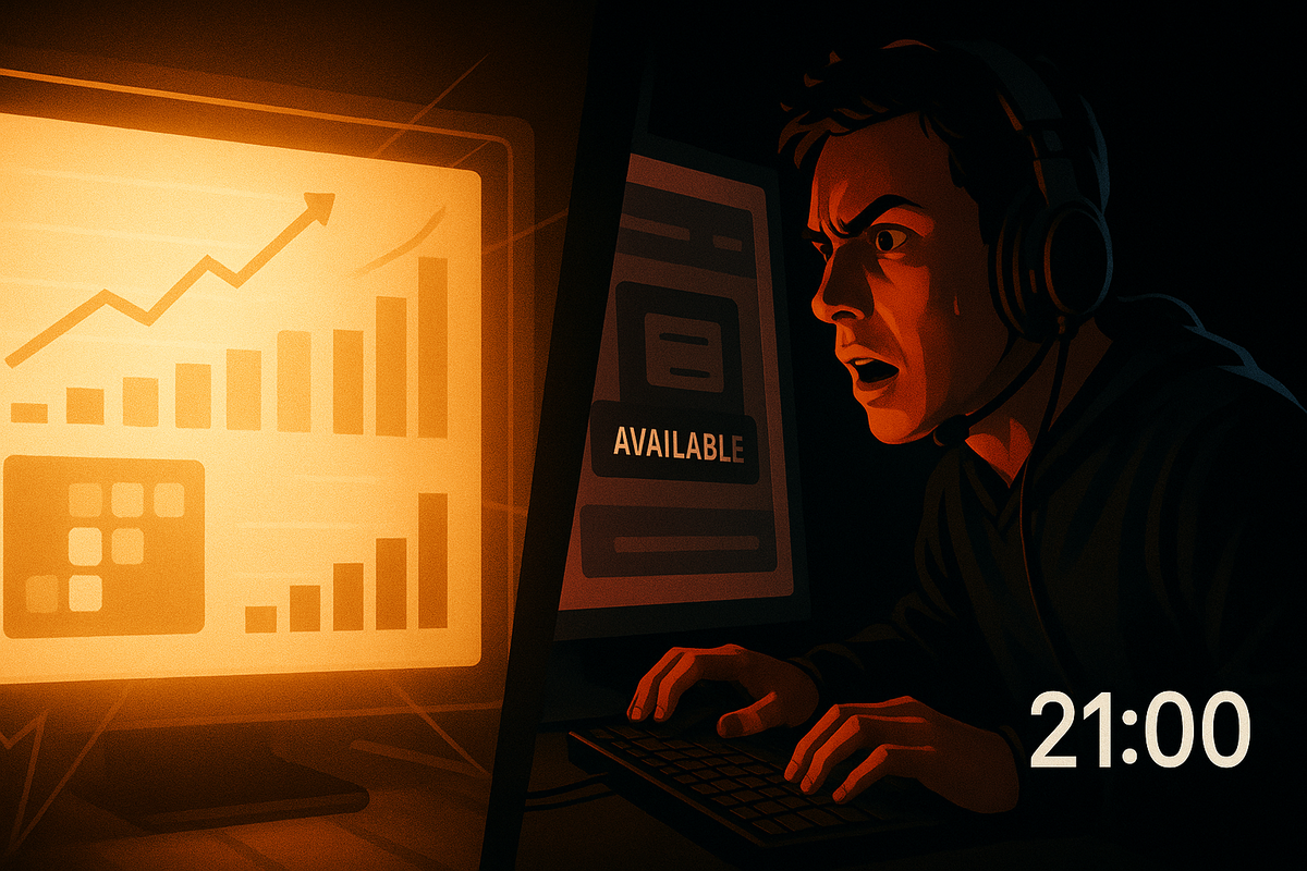 Split-screen late-night gamer staring at glowing 21:00 screen—data graphs on one monitor, “available” restock alert on the other—heart-pounding Rakuten Books Switch2 restock timing, tense and hopeful energy
