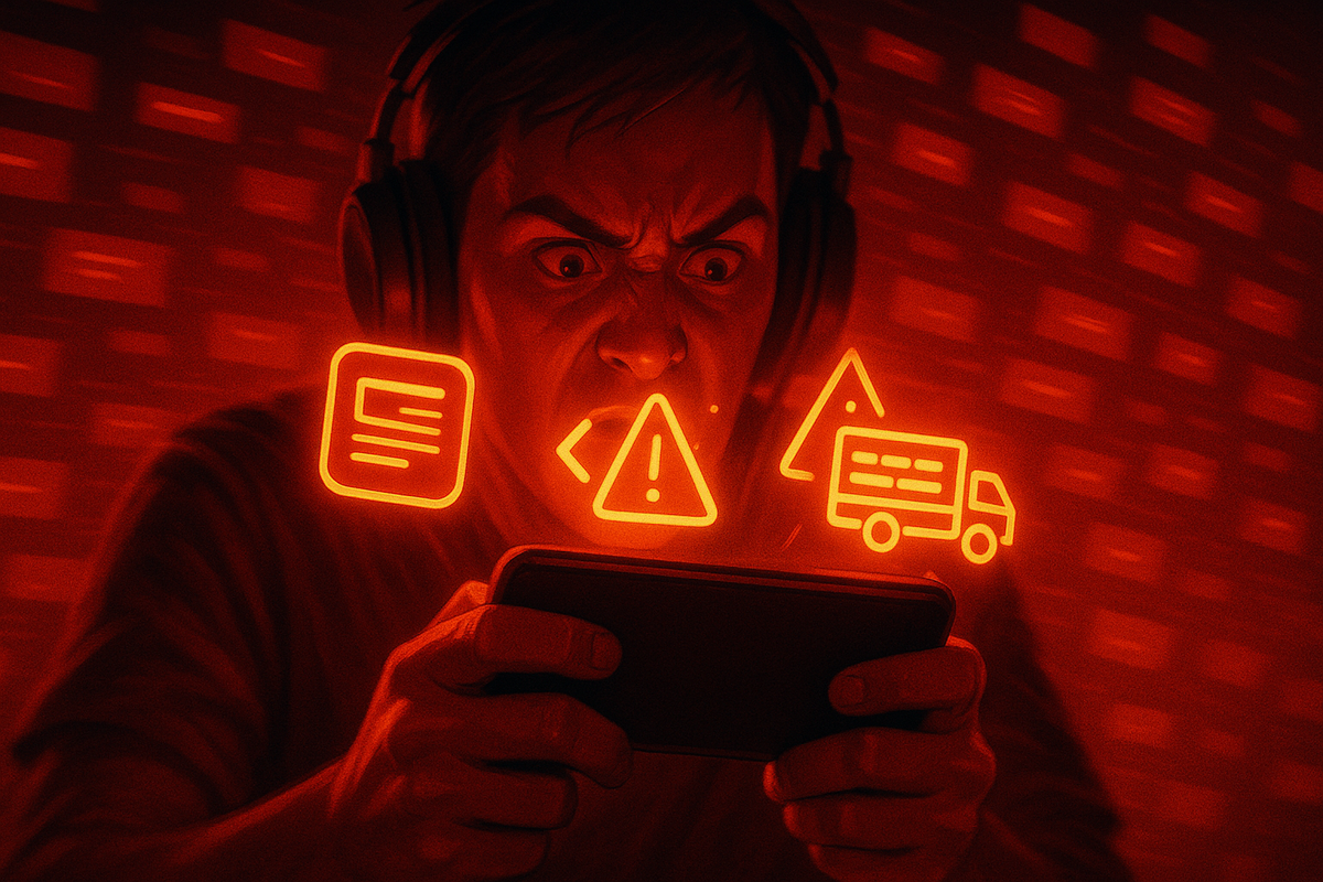 Red neon glow on furious gamer gripping smartphone—warning triangle, news card and delivery truck icons floating in the air—intense frustration watching Switch2 stock alerts and shipping signals, chaotic emergency mood