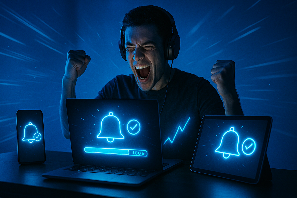 Ecstatic gamer at desk surrounded by laptop, tablet and phone, all shining with blue notification bells and a 100% progress bar—perfect alert setup for Switch2 restock, triumphant victory scream, charged hopeful atmosphere