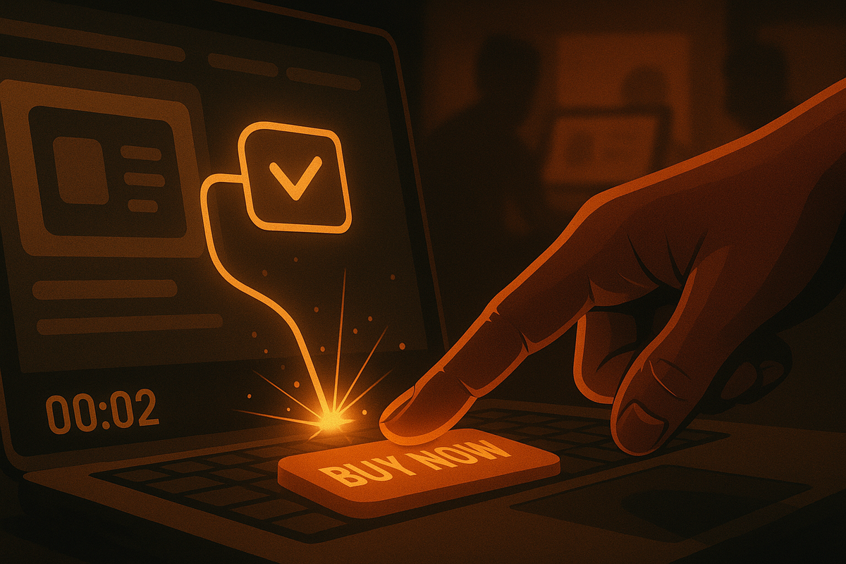 Close-up hand slamming glowing BUY NOW button on laptop—checkmark icon racing down a digital path, countdown timer at two seconds—explosive last-second Switch2 purchase, clutch decision moment, urgent adrenaline