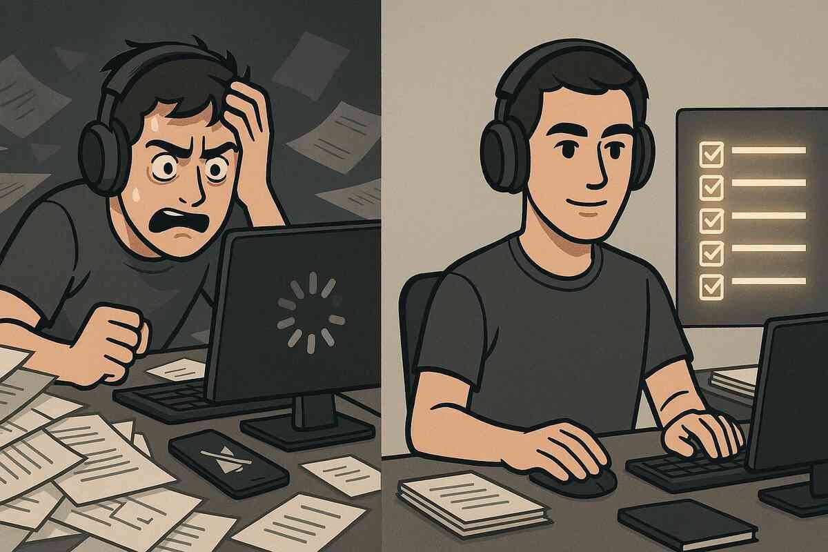 Before-and-after split screen of stressed gamer drowning in papers and loading screen versus calm version with tidy desk and glowing checklist—dramatic contrast between chaos and fully prepared Switch2 restock strategy, reassuring control