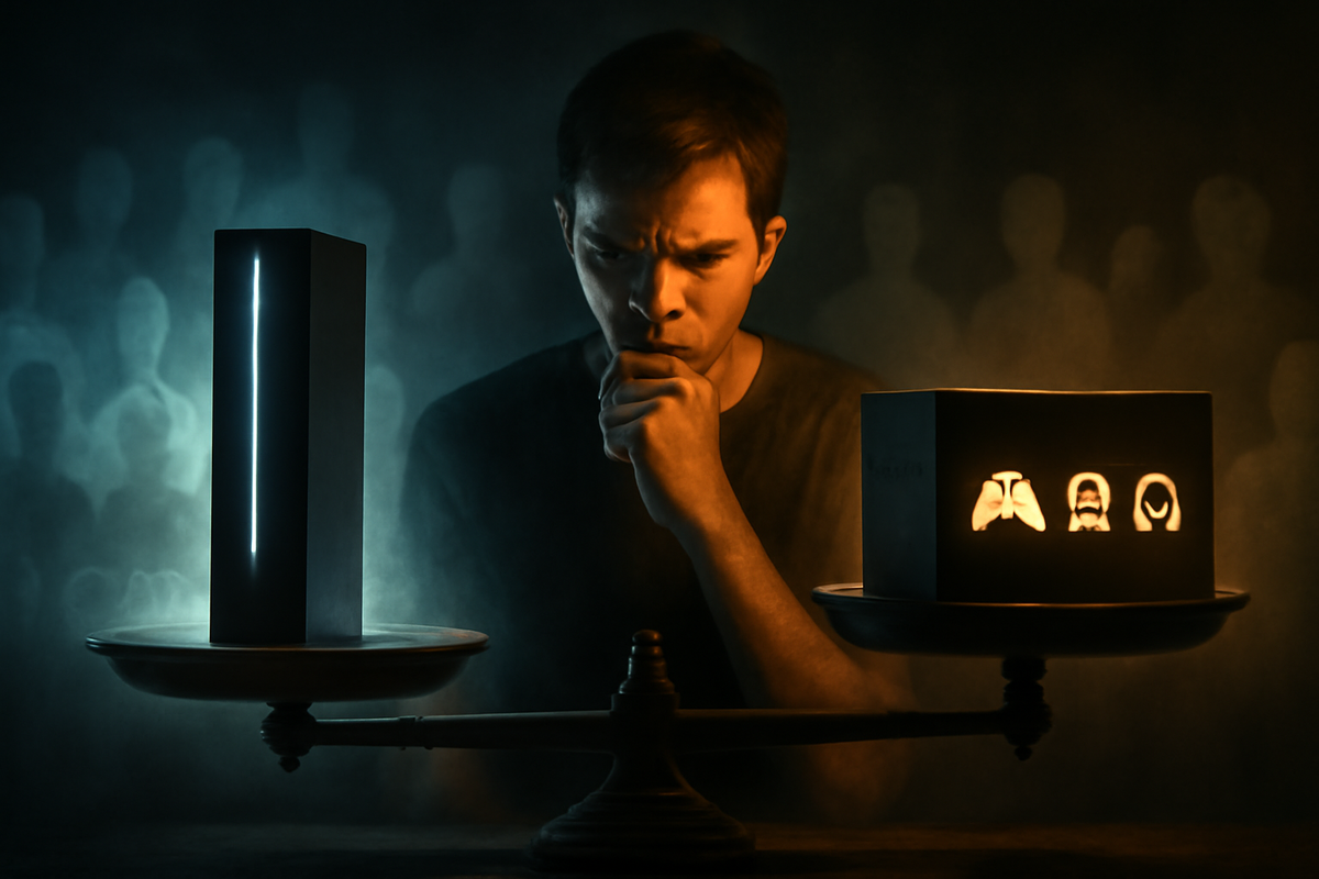 Serious gamer weighing sleek single console tower against glowing game bundle box on antique scales—foggy crowd in background, thoughtful face lit by blue and gold light—emotional dilemma between Switch2 standalone and value bundle, deep decision vibes