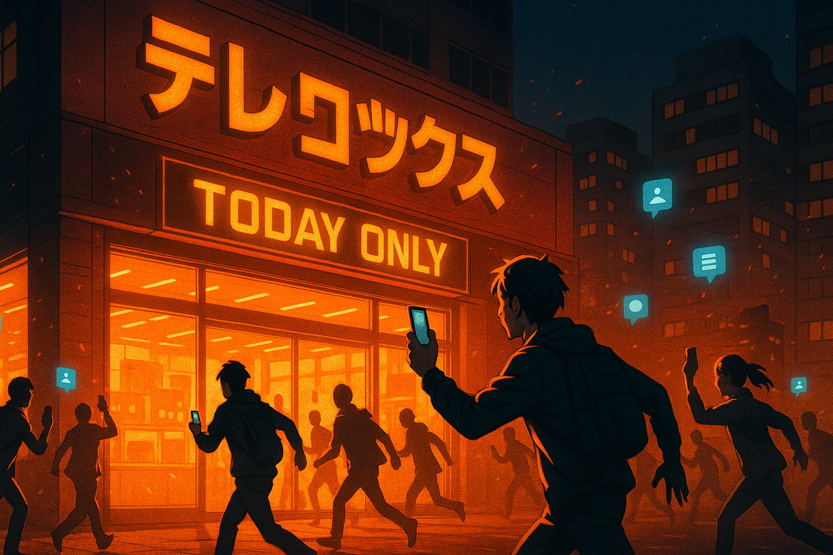 Nighttime rush on an electronics store with glowing “TODAY ONLY” sign—gamers sprinting through the orange city light, phones in hand as SNS alerts explode in the air—pure FOMO, urgent guerrilla restock energy