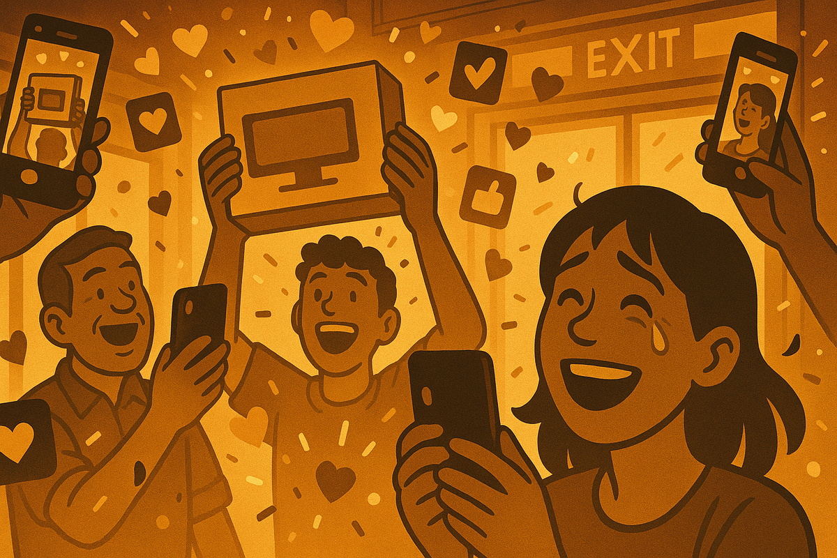 Store exit flooded with golden light—shoppers crying happy tears and lifting a generic console box while phones capture selfies and heart icons rain down—SNS-fueled joy of finally securing the long-waited console