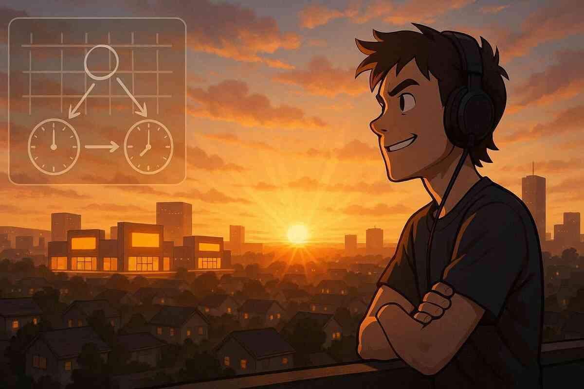 Confident gamer with headphones watching a blazing sunrise over suburban stores, transparent schedule diagram floating in the sky linking two clock times—quiet morning resolve after decoding the perfect shopping window