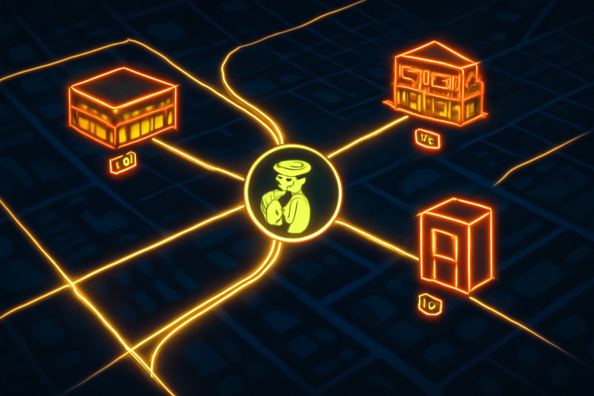 Neon top-down city map at night—central gamer icon connected by glowing paths to three different store buildings labeled with tiny money and warning symbols—strategic choice between multiple retailers, thrilling yet risky route planning