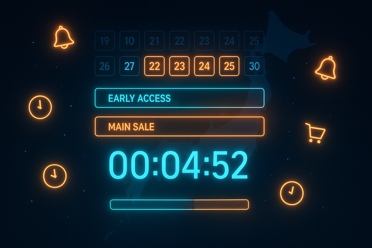Neon countdown dashboard for Amazon Black Friday 2025—calendar dates, EARLY ACCESS vs MAIN SALE buttons, ticking timer and bell icons glowing over a Japan map, tense last-minutes rush mood