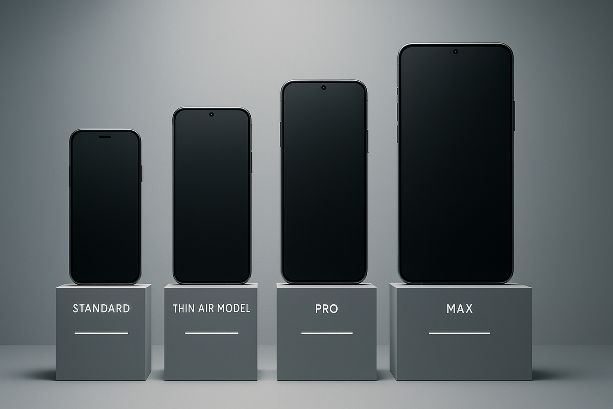Minimal podium line-up of four iPhone 17 family models—standard, thin air, pro and max framed in soft studio light—clean comparison visual for choosing the best size and price tier