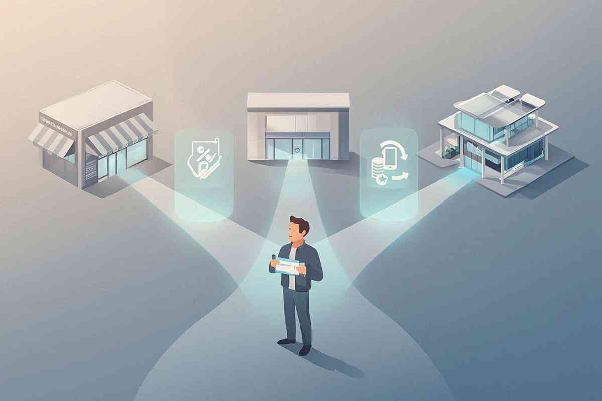 Conflicted buyer standing at a three-way crossroads between different stores—each building projecting icons for discounts, support and trade-in value—calm pastel scene about choosing the best place to buy an iPhone 17 deal