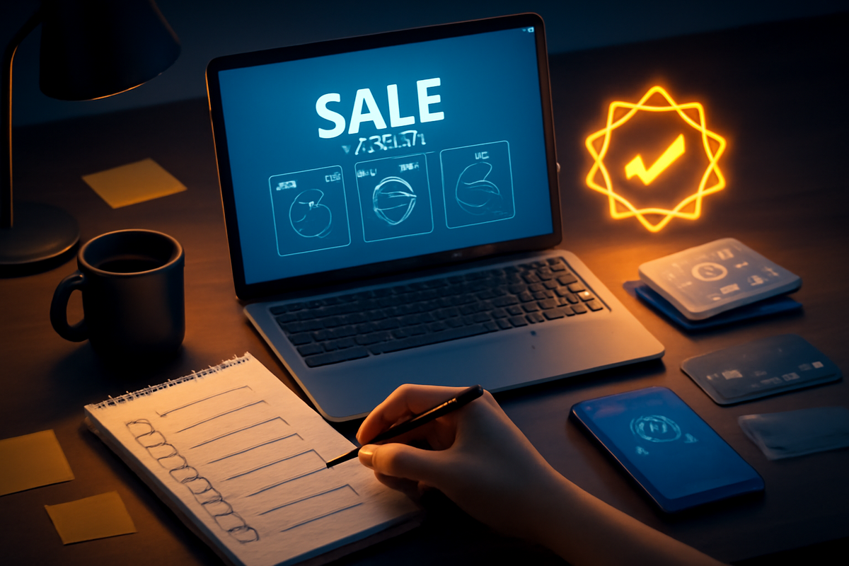 Nighttime war-room desk for Amazon Black Friday strategy—laptop with SALE screen, checklist notebook, smartphone and glowing approval badge—focused planning mood for locking in the lowest iPhone 17 price