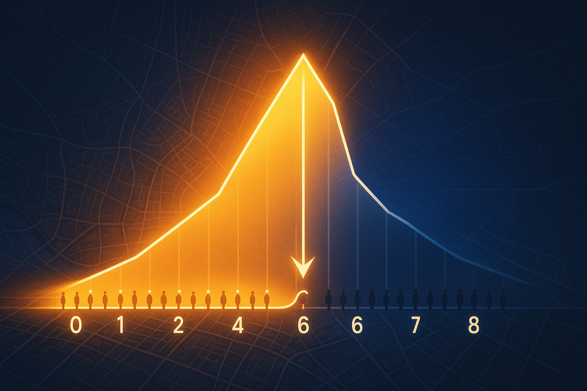 Neon bell-curve graph rising over a faint city map, tiny people lined up at numbers 0–8, bright peak at 6 marked by a bold arrow—data-driven perfect arrival time, visible gap between winning the queue and walking away empty-handed.