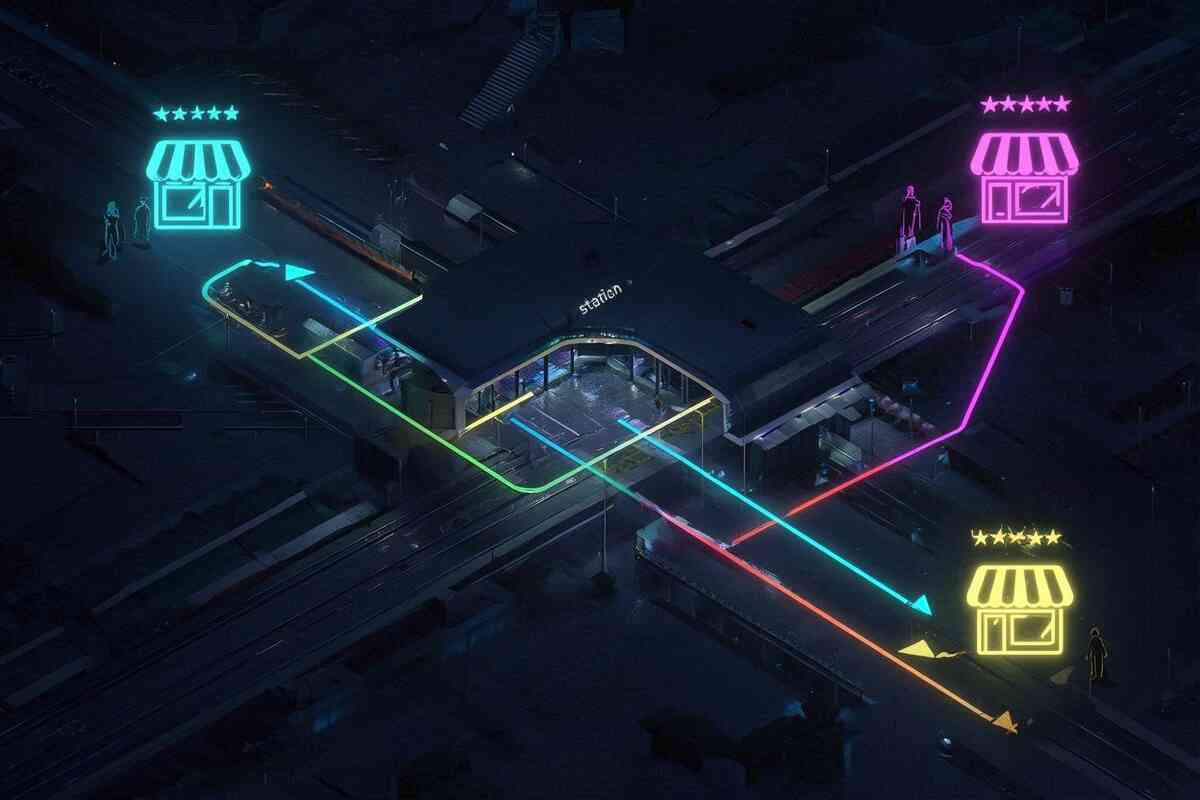 Isometric train station at night with rainbow neon paths leading to three distant shops crowned by star ratings—smart shopper’s strategic route map, choosing the most promising store instead of blindly following the biggest crowd.