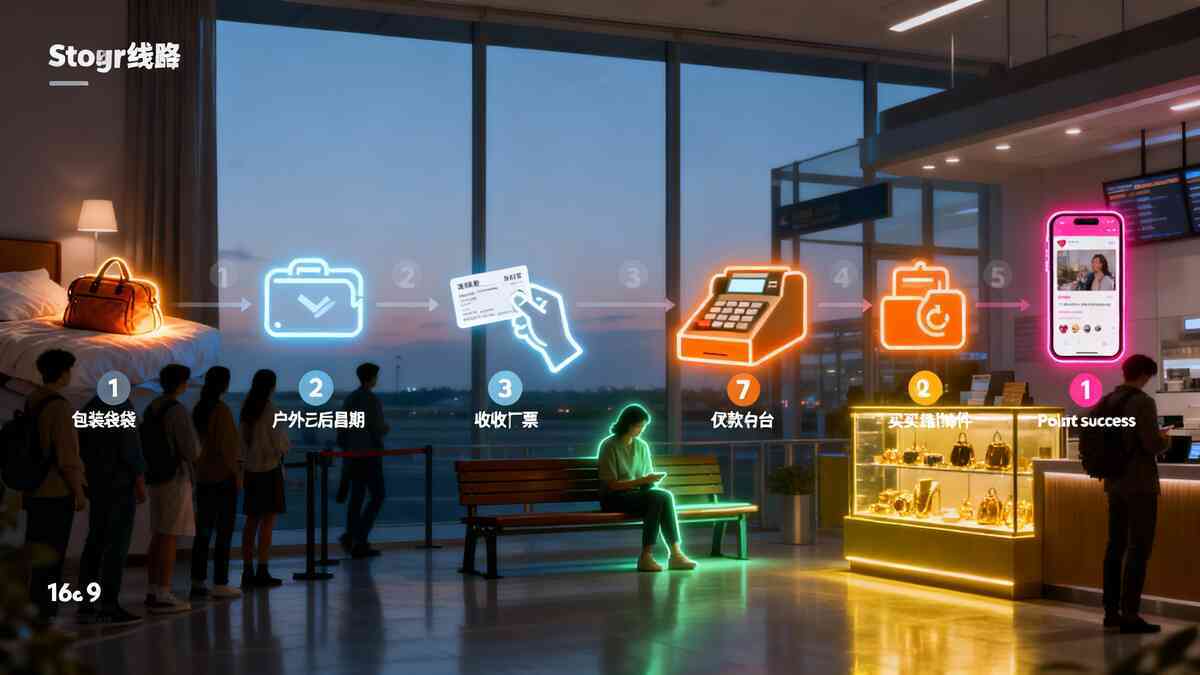 Airport lounge at dusk turned into a glowing timeline: suitcase on hotel bed, boarding pass, cash register, shopping counter, and final smartphone screen hovering above real people—emotional step-by-step story from lining up to purchase to reward points success.