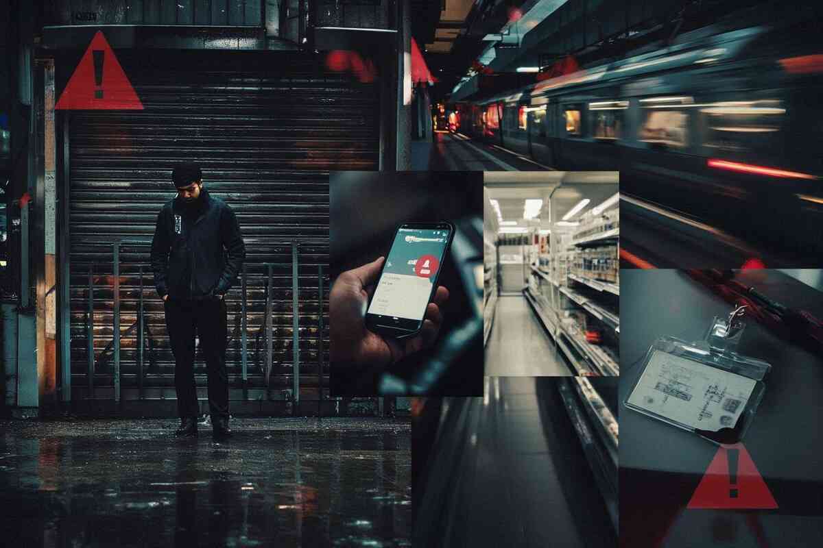 Cinematic rainy collage—man standing alone before a closed shutter, alert flashing on his phone, empty supermarket shelves, forgotten ID badge—painful, dramatic montage of classic Switch2 purchasing failures and regret