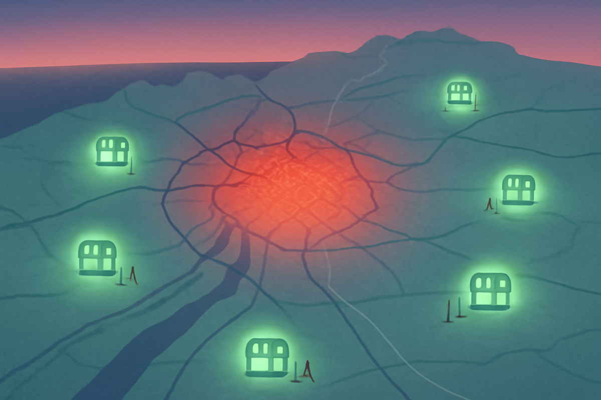 Soft twilight over a stylized Nagoya region map—downtown burning red with intense competition, ring of peaceful green shop icons in the suburbs—gentle but powerful contrast between crowded city risk and relaxed hidden Switch2 safe havens