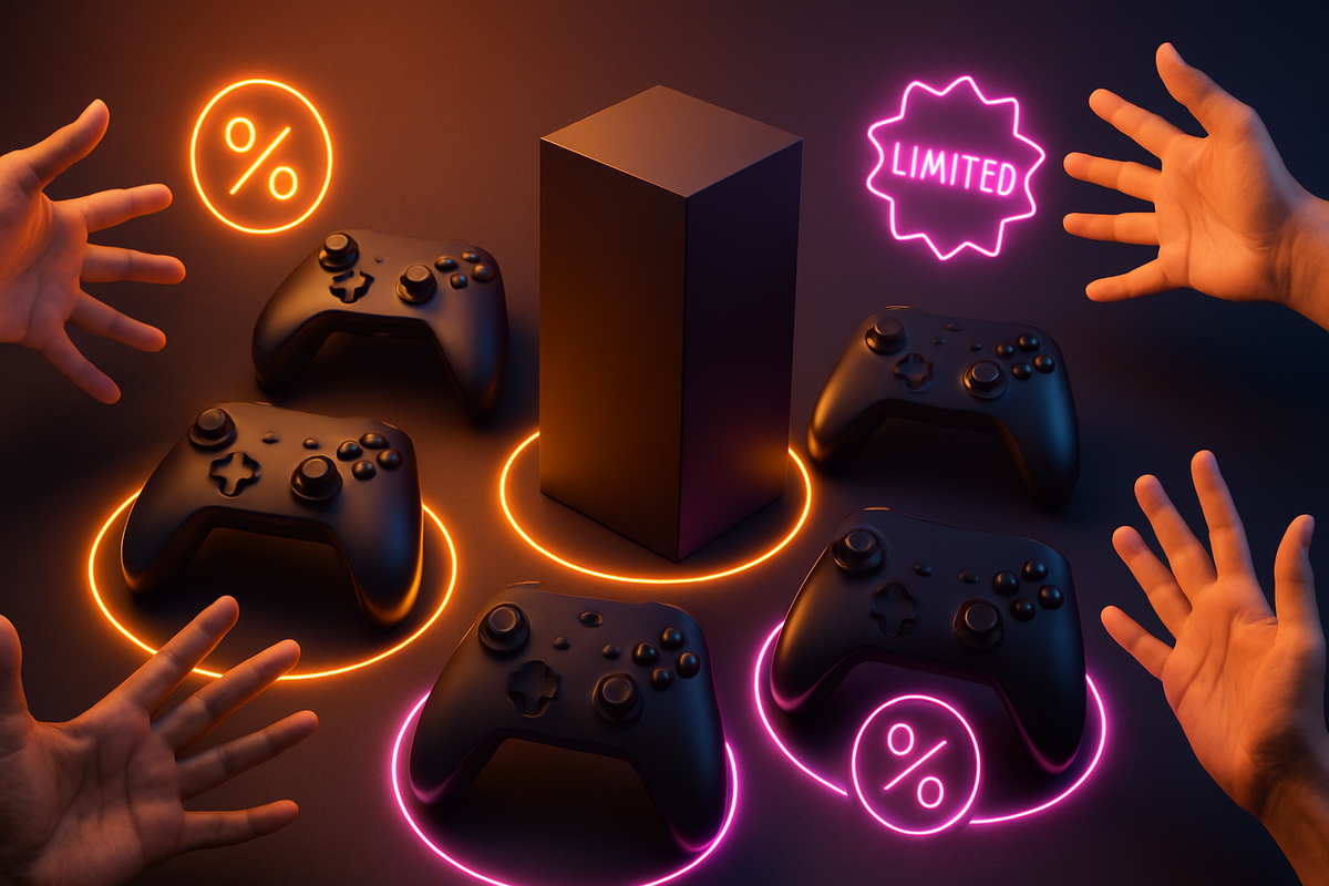 Circle of sleek black game controllers glowing in neon around a mysterious console box—hands stretching in from all sides, discount and “LIMITED” icons pulsing, high-tension scramble for rare pro controllers and bundles