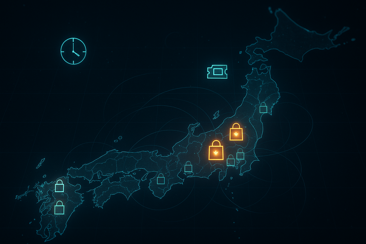 Futuristic map of Japan at night with glowing padlock icons over major cities—some locks lit in urgent orange, others cool teal, clock and ticket symbols hovering—visualizing time-limited in-store drops and restricted lottery regions