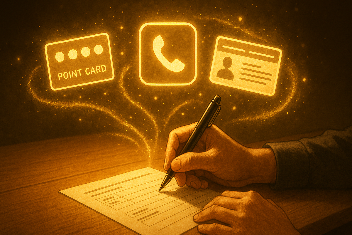 Warm golden desk scene with a hand filling out a checklist while luminous icons of a point card, phone app, and ID card float above—calm but electric “get everything ready before you go” preparation mood